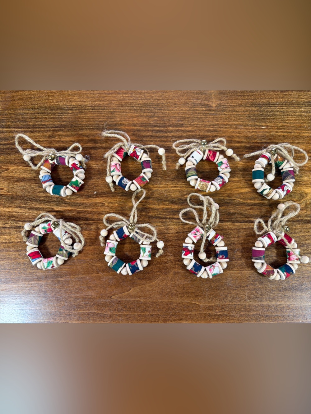 8 Handmade Multicolor Spool Wreath Ornaments with Beads & Bells